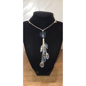 Blue & Clear Sea Glass Necklace On Slip Knot Rope Chain Adj From 16" To 34"